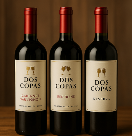 여러 종류의 도스 코파스 와인 라인업(카베르네 소비뇽, 레드 블렌드, 리제르바)이 나란히 진열된 모습