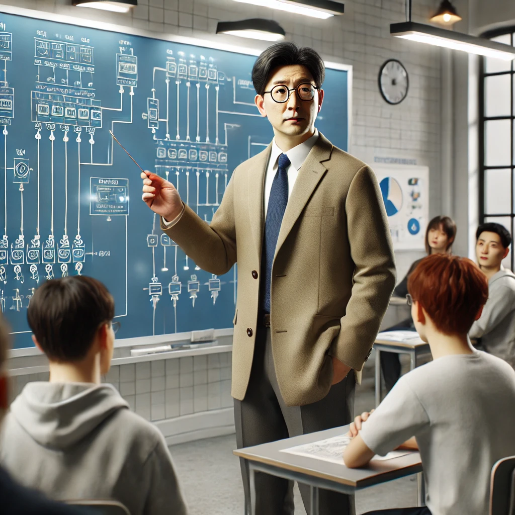 교실에서 학생들에게 전기 다이어그램을 화이트보드에 설명하는 중년 남성