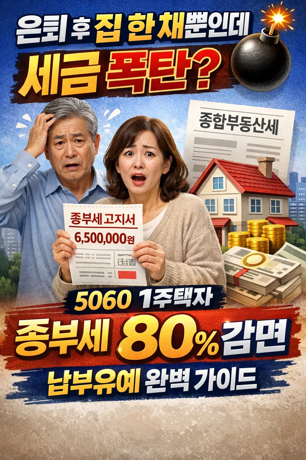 은퇴 후 집 한 채 5060 하우스푸어 1세대 1주택자 종합부동산세 종부세 80퍼센트 세액 공제 장기보유 고령자 공제 및 납부유예 신청 국세청 홈택스 모의계산 건강보험 환급금