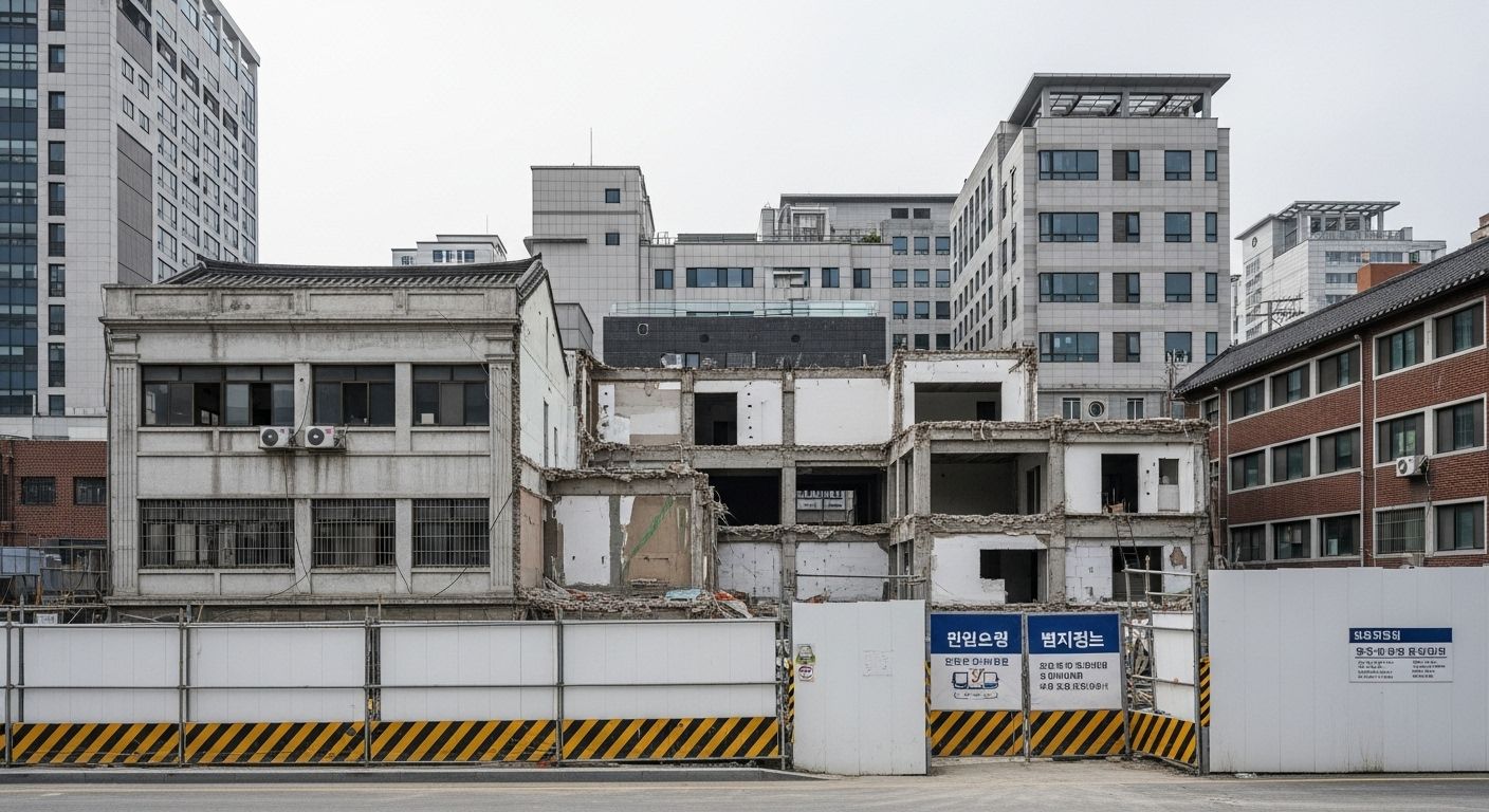 대전 도심 재개발 구역 외관, 공사 펜스와 낡은 건물 포함