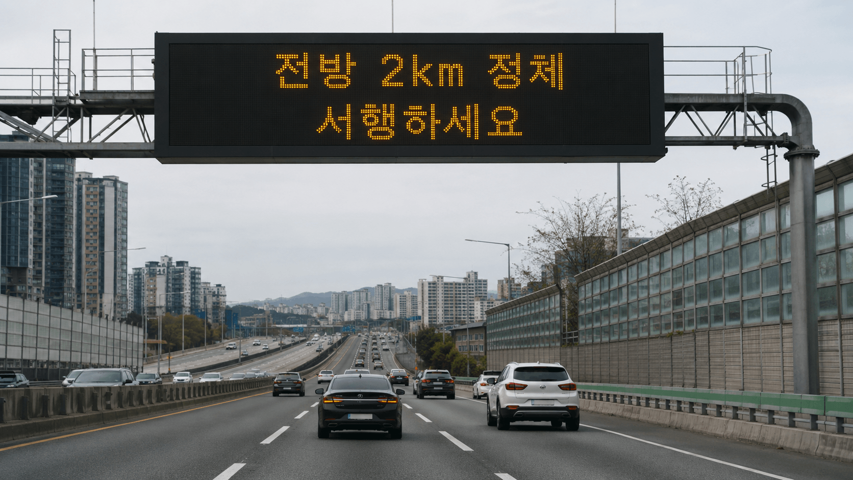 고속도로 전광표지판에 전방 2km 정체와 서행 안내 문구가 표시된 모습