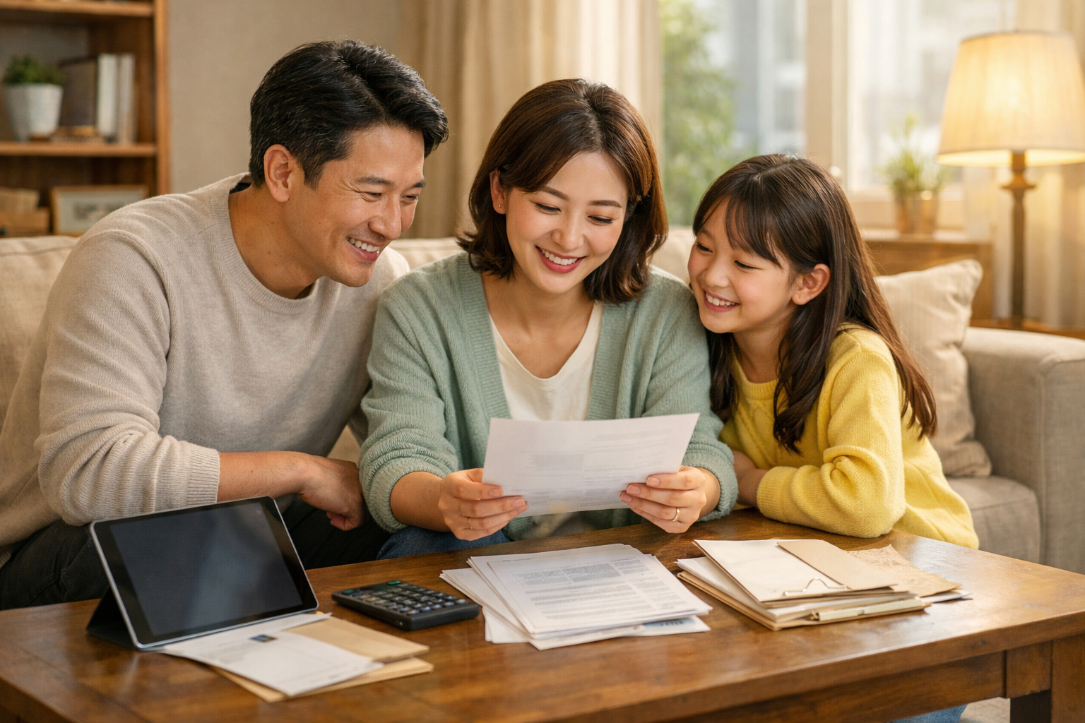 가족들이 모여 정부지원금에 대하여 확인하고 있다.