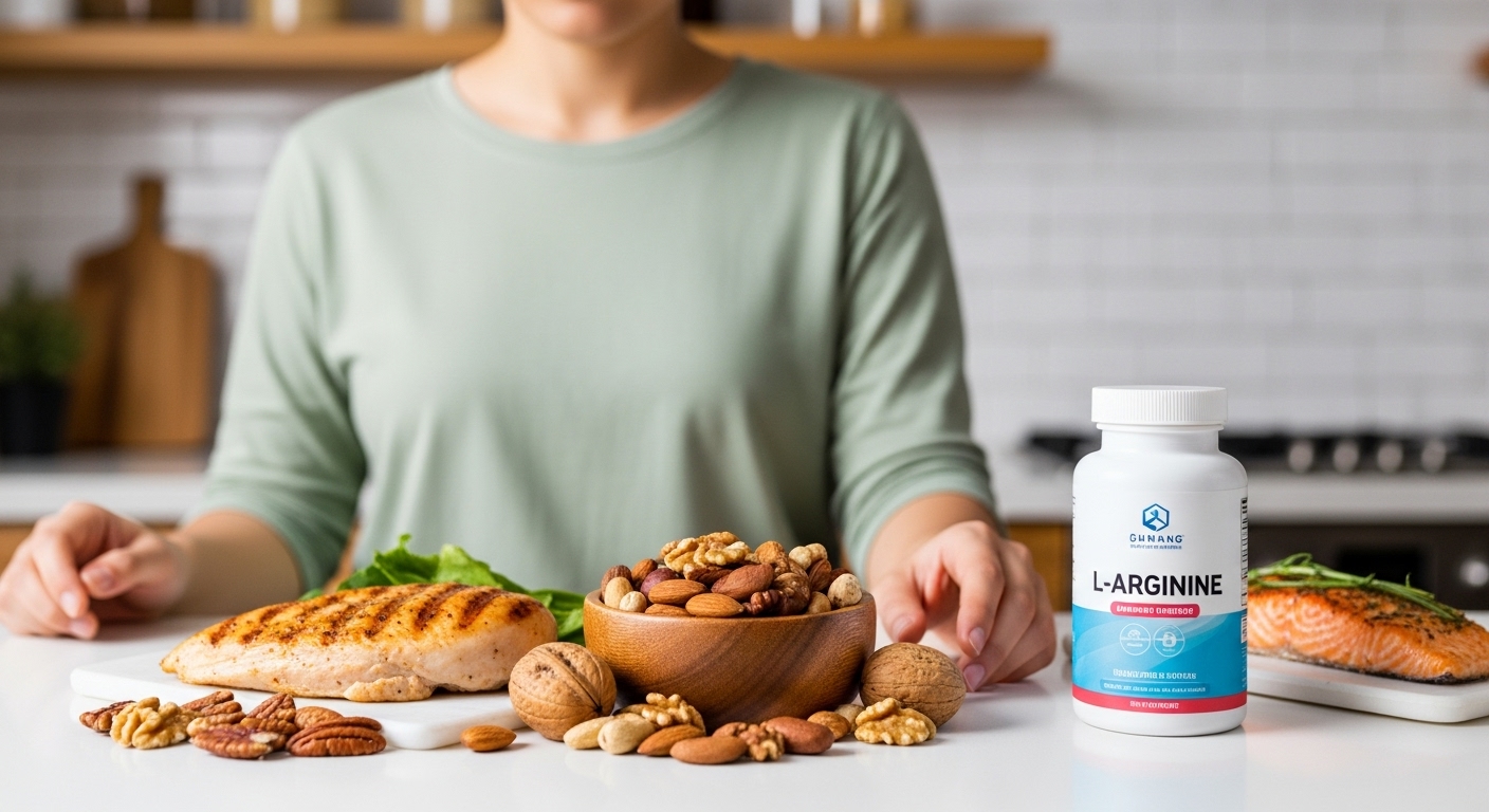 아르기닌이 풍부한 식품(닭고기, 견과류, 생선)과 아르기닌 보충제를 두고 현명하게 선택하는 사람의 모습.