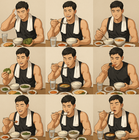 운동 후 한국 식단으로 식사하는 남자