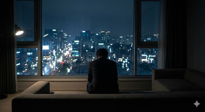 텅 빈 거실에서 고독을 느끼는 김 부장의 뒷모습