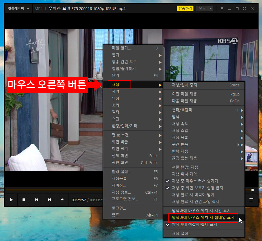 팟 플레이어 탐색바 썸네일 표시