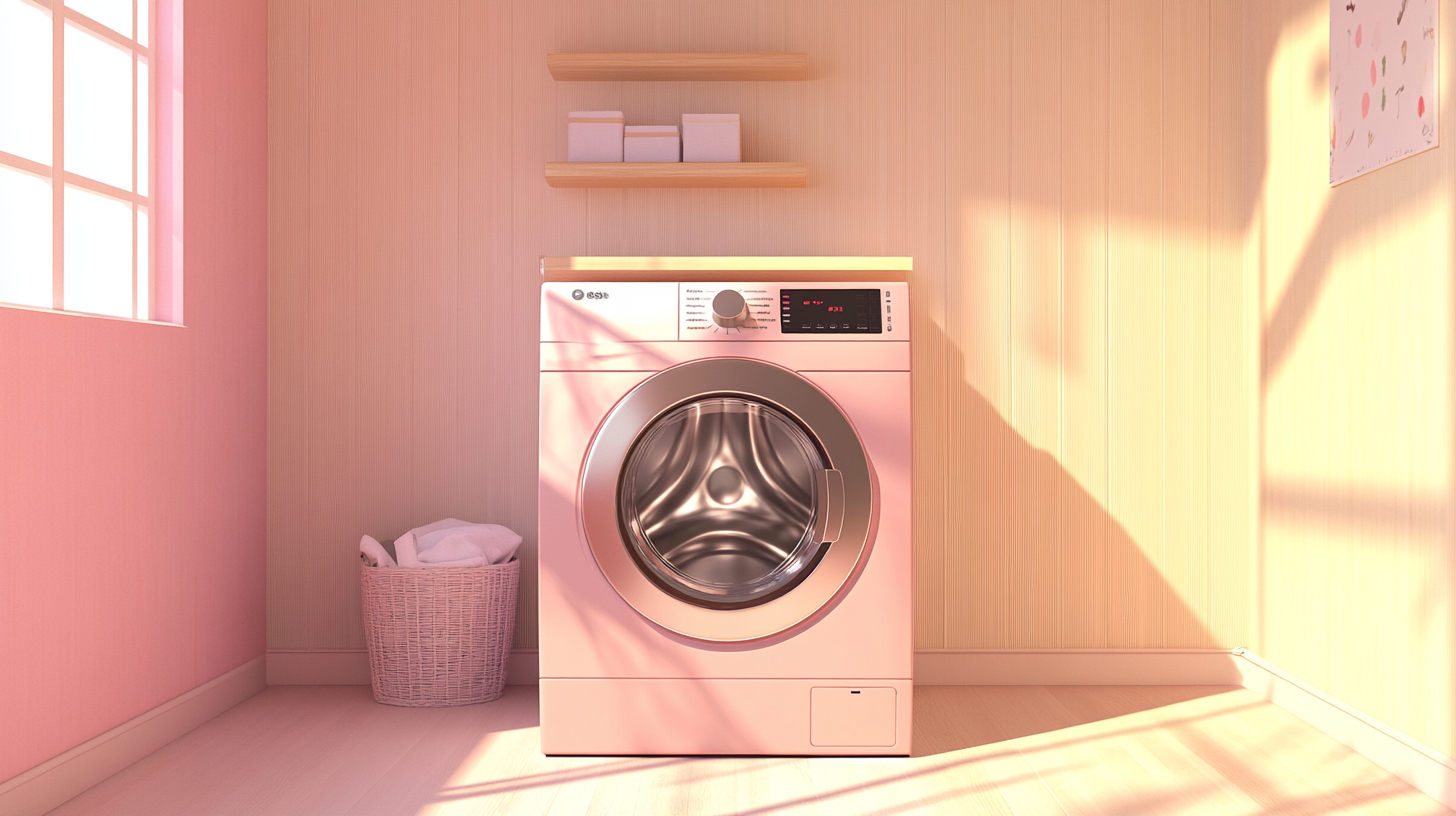 밝은 목재 마감의 스칸디나비아 디자인으로 아늑하게 꾸며진 미니멀한 세탁실에서 삼성 세탁기가 세팅된 모습