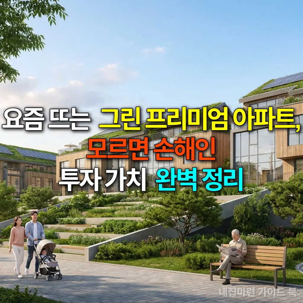 현대적인 친환경 그린 프리미엄 아파트 단지의 전경. 태양광 패널과 녹지 공간이 조화롭게 어우러져 있고, 한국인 주민들이 단지 내 공원을 산책하는 평화로운 모습.