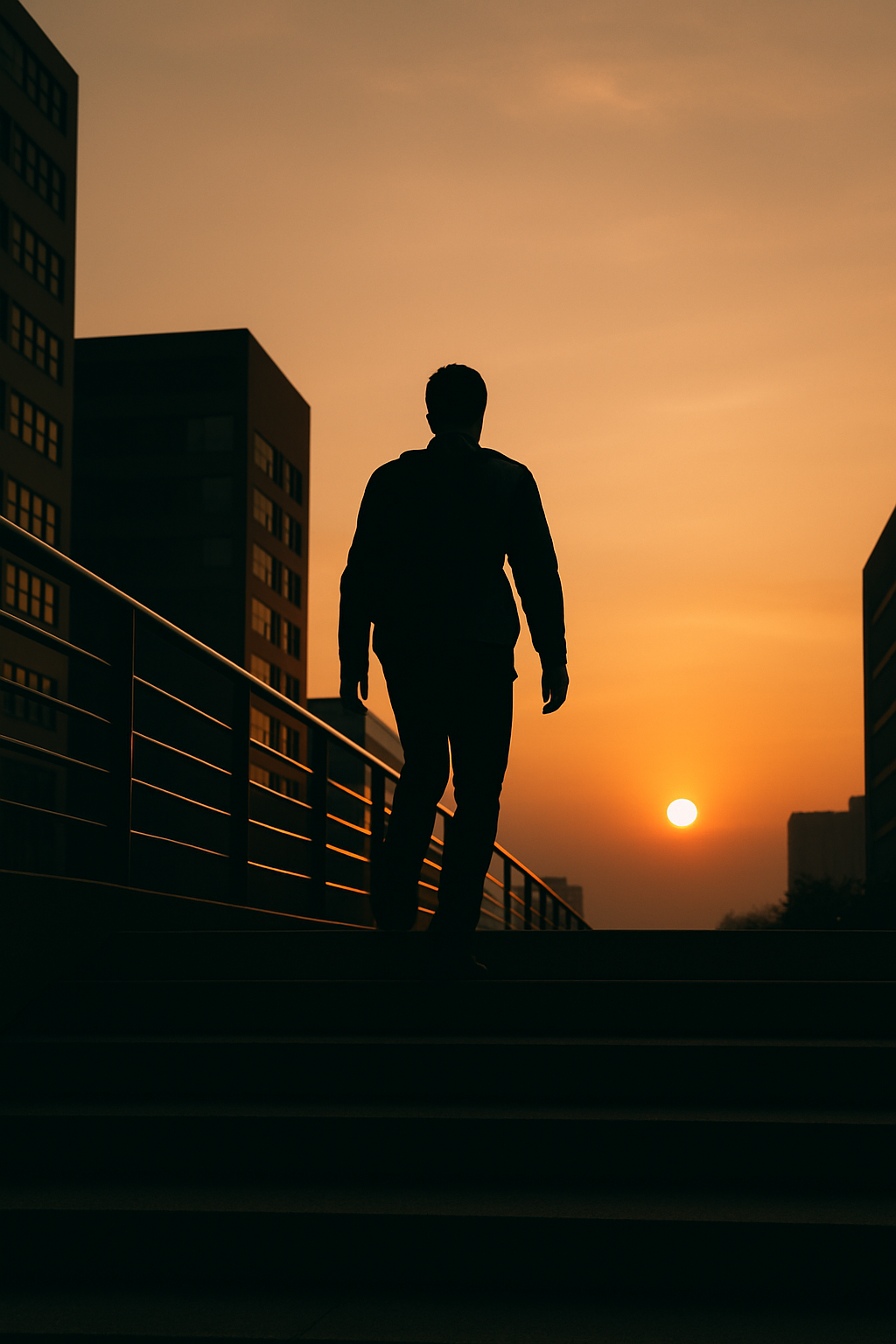 성장을 뜻하는 이미지. 멀리 아침 동이 트고 그 곳을 향해 걸아가는 실루엣 , 남자