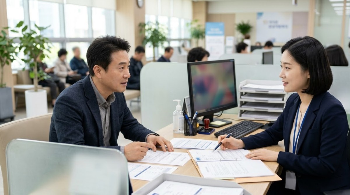 은행 창구에서 상담받는 소상공인, 정책자금 대리대출