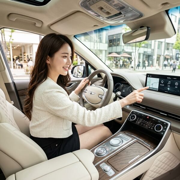 애플 카플레이 연결을 위해 내비게이션을 조작하고 있는 모습