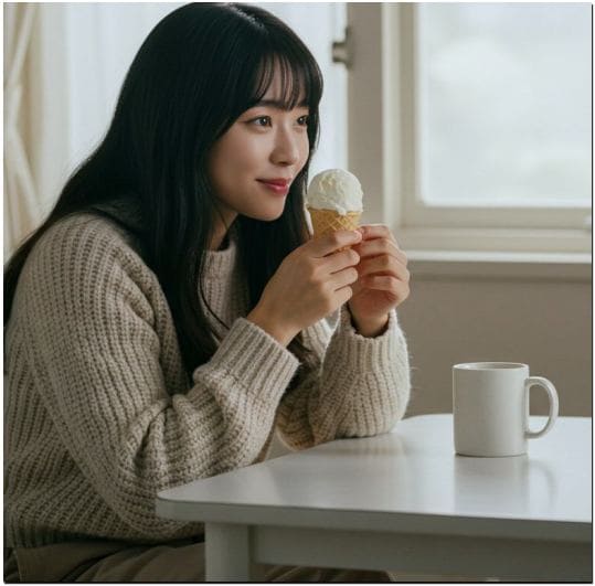 인후염 증상과 아이스크림 효과, 아이스크림 먹는 여성