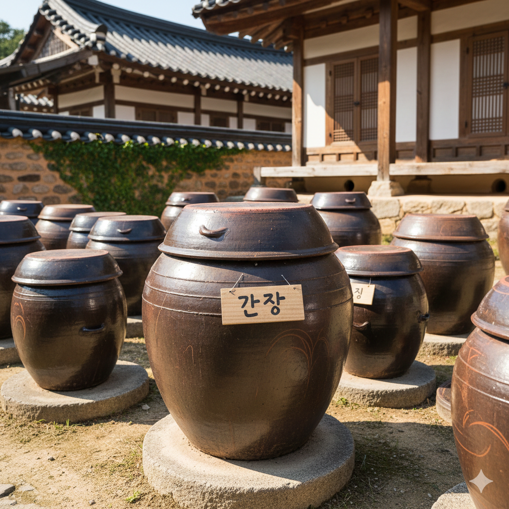 간장 항아리, 장독대, 옹기, 전통 장류, 한옥 마당, 발효 음식, 한국 전통 이미지.