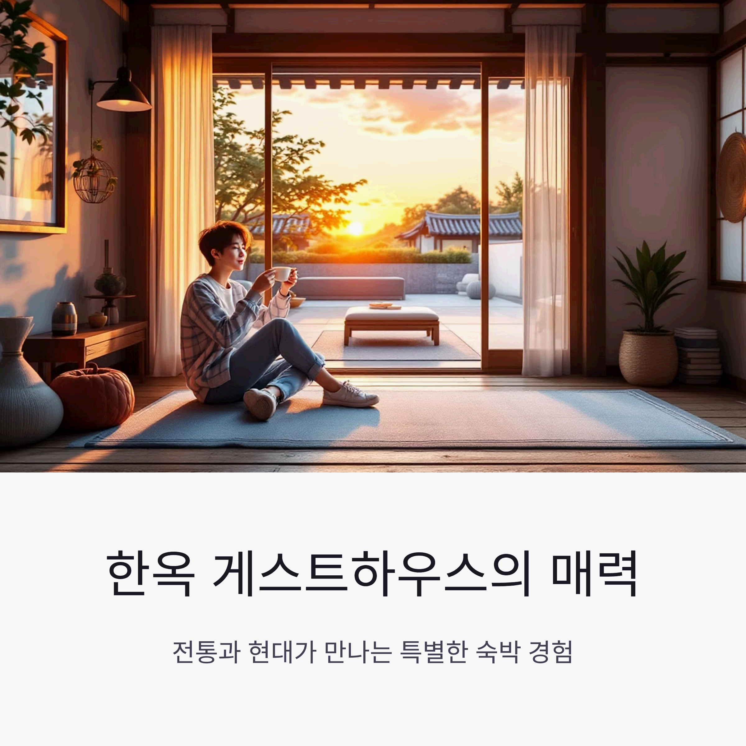 hanok guesthouse at sunset with warm lighting