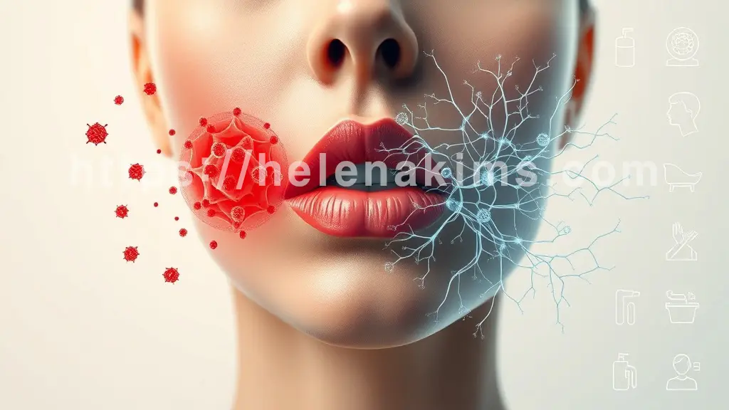 여성 얼굴의 섬세한 입술 주변 신경망과 피부 조직이 표현된다. 좌측에는 붉고 부어오른 듯한 염증성 반응이 추상적으로 시각화되며, 주변으로 미세한 세균 입자들이 떠다니는 모습, 다른 우측에는 정교한 신경망 중 일부가 끊어지거나 기능 저하를 암시하는 흐릿하고 불안정한 선으로 표현되어 신경 손상의 위험을 나타낸다.