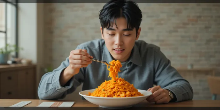 식탁에서 고구마 샐러드를 식사로 즐기는 남성