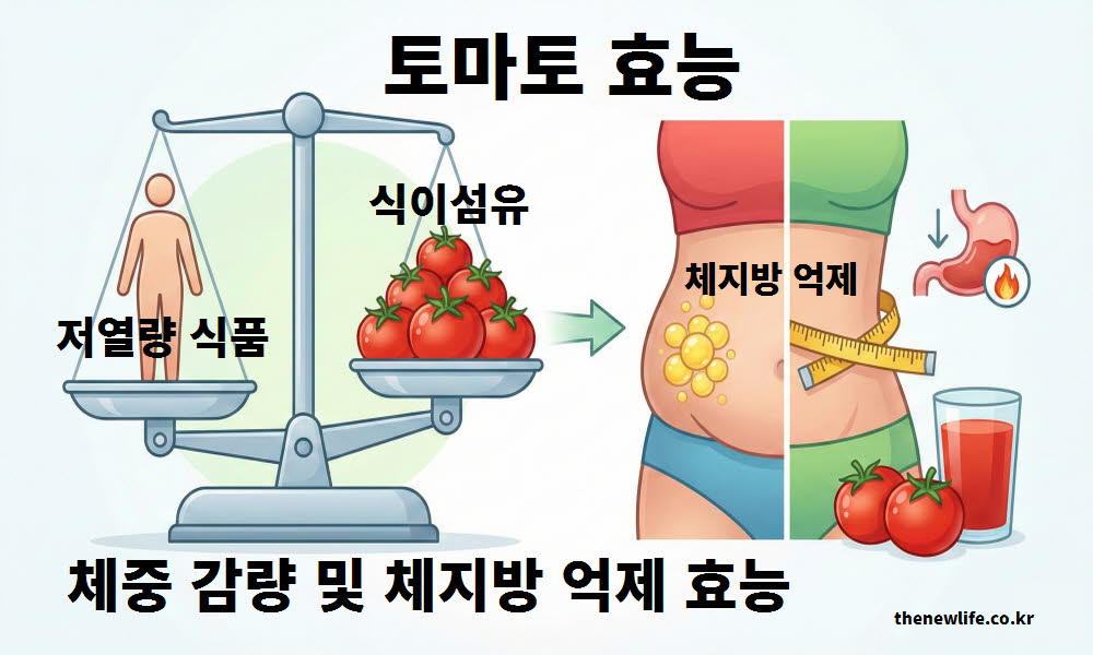 토마토 효능이 체지방 억제를 돕고 체중 감량에 긍정적인 영향을 주는 원리를 요약한 이미지