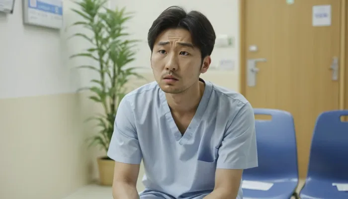폐암 생존율에 대한 불안을 안고 병원 대기실에 앉아 있는 모습