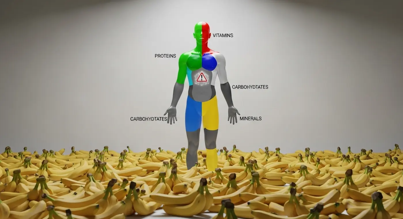 단일 음식만 섭취하여 발생하는 영양소 결핍을 시각화한 추상적인 이미지. 인체 실루엣에 특정 영양소(색깔)가 빠져있고, 단일 음식 주위에 경고 표시가 있습니다.