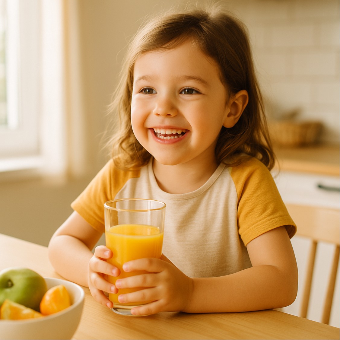 햇살이 드는 주방에서 건강하게 오렌지 주스를 마시는 아이, 어린이 영양제의 균형 잡힌 영양과 건강한 식습관을 상징하는 장면