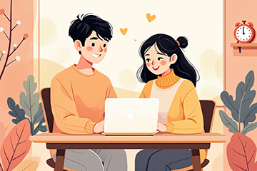 집에서 젊은 부부가 자리에 앉아서 육아휴직 급여 신청서를 작성하는 모습.