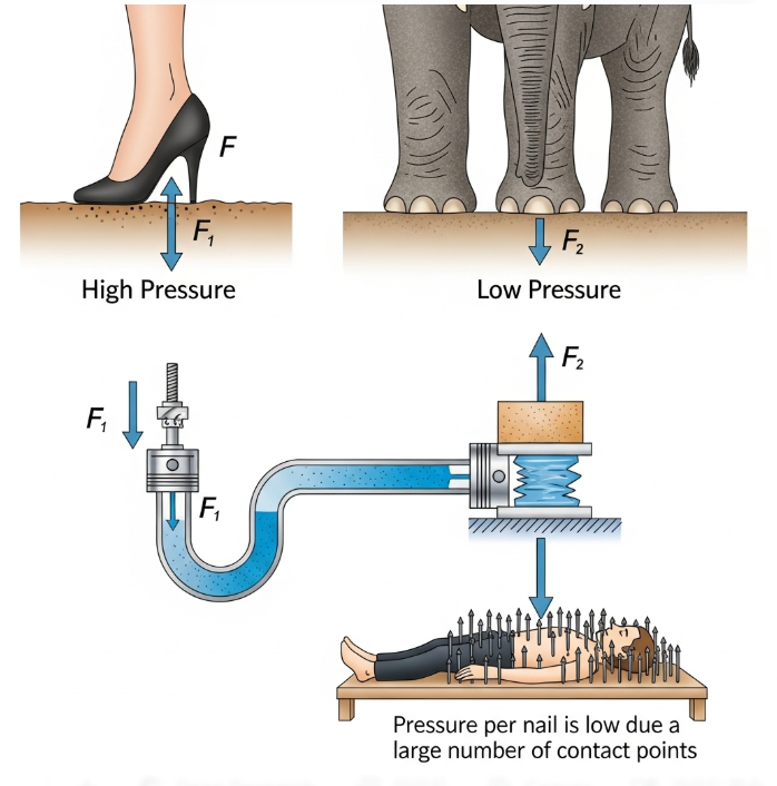 These examples demonstrate that while pressure affects local effects like penetration, total force governs macroscopic motion.