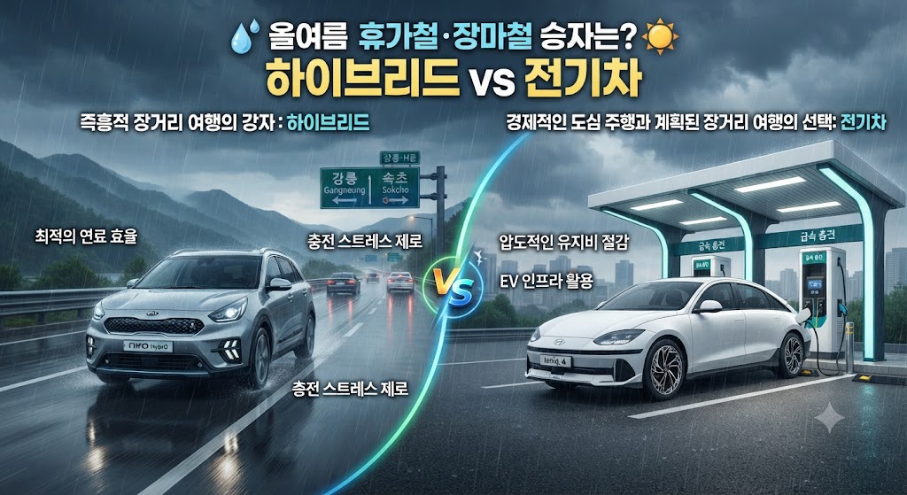 "장마철 휴가길 하이브리드 차량과 순수 전기차의 주행 성능, 연비 효율, 그리고 충전 인프라를 비교하는 일러스트 이미지"