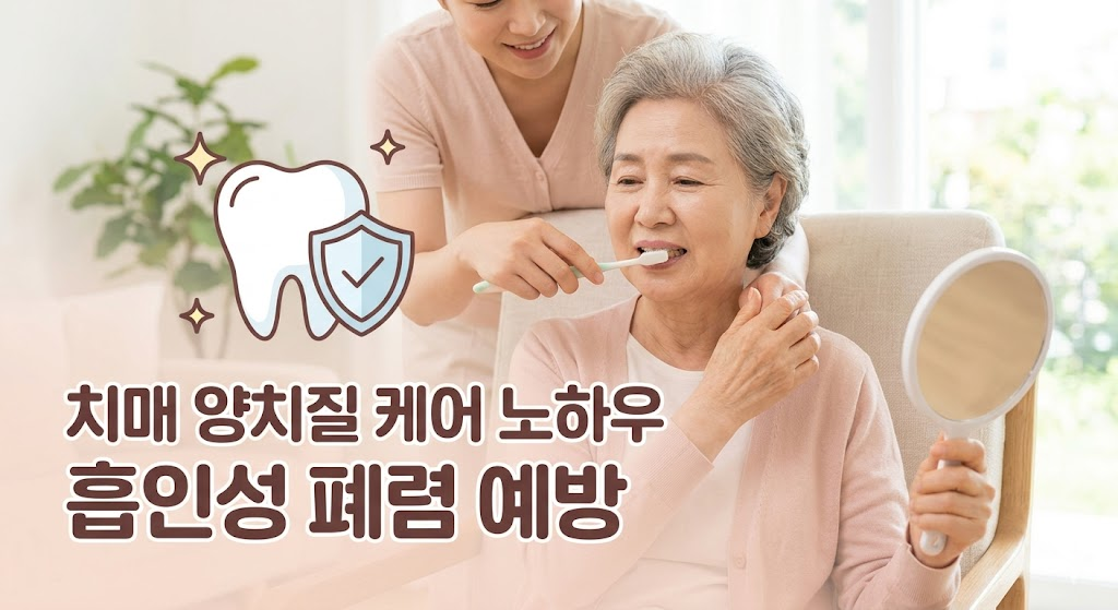 밝고 부드러운 파스텔 톤 배경에 보호자의 손이 어르신의 손을 부드럽게 잡고 함께 칫솔질을 하는 모습. 옆에는 하얗고 깨끗한 치아 아이콘과 방패 문양이 있어 '예방'의 의미를 강조함.