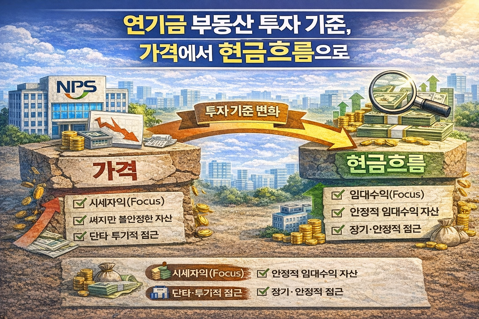 연기금이 가격보다 현금흐름을 기준으로 부동산 자산을 선별하는 흐름 설명