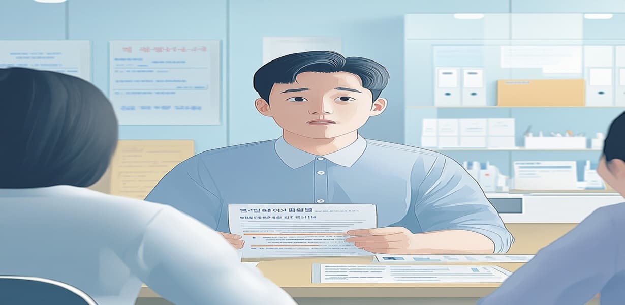 정부 복지 상담을 받는 한국 남성의 긴급지원 상황 이미지