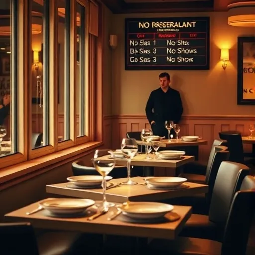 분위기 좋은 레스토랑의 창가 테이블 여러 개가 예약 시간임에도 불구하고 텅 비어 있습니다. 테이블 위에는 세팅된 접시와 잔이 놓여 있지만, 아무도 앉아 있지 않습니다. 실망한 표정의 사장님이나 직원이 멀리서 이를 바라보는 모습이 보이면 좋습니다. 테이블 예약 현황판에는 여러 '취소 없음' 표시가 되어 있지만 해당 테이블은 비어 있습니다.