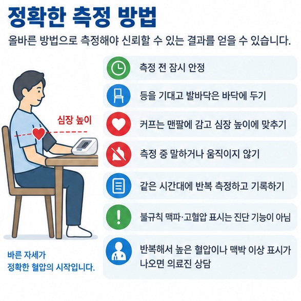 집에서 혈압 측정 전 안정 자세 커프 위치 말하지 않기 반복 측정 기록을 보여주는 체크리스트 이미지
