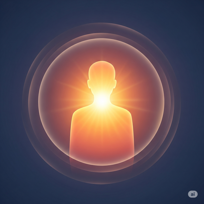 따뜻한 주황색으로 빛나는 사람 실루엣 주위로 보호막이 겹겹이 둘러싸여 있는 그래픽.
