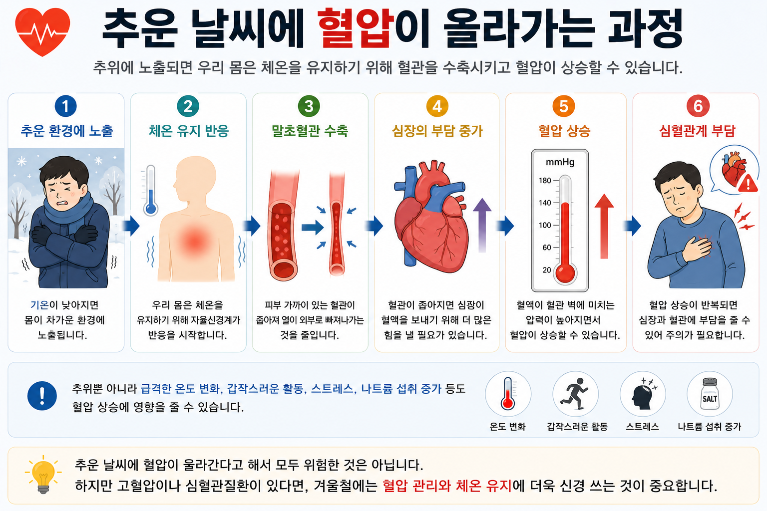 추위 노출과 말초혈관 수축, 혈압 상승 가능성을 설명한 그림