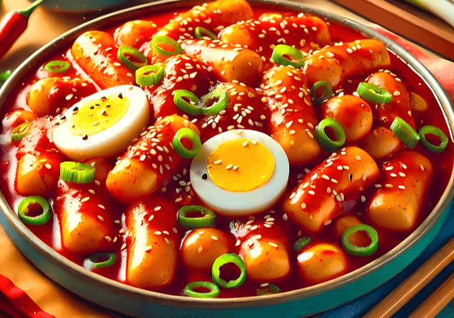 둥그런 그릇에 빨간 떡볶이가 가득하다. 반으로 자른 삶은 달걀 2개도 있다.