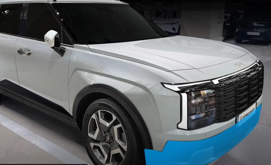 비스듬하게 서 있는 하얀색 팰리세이드 예상도