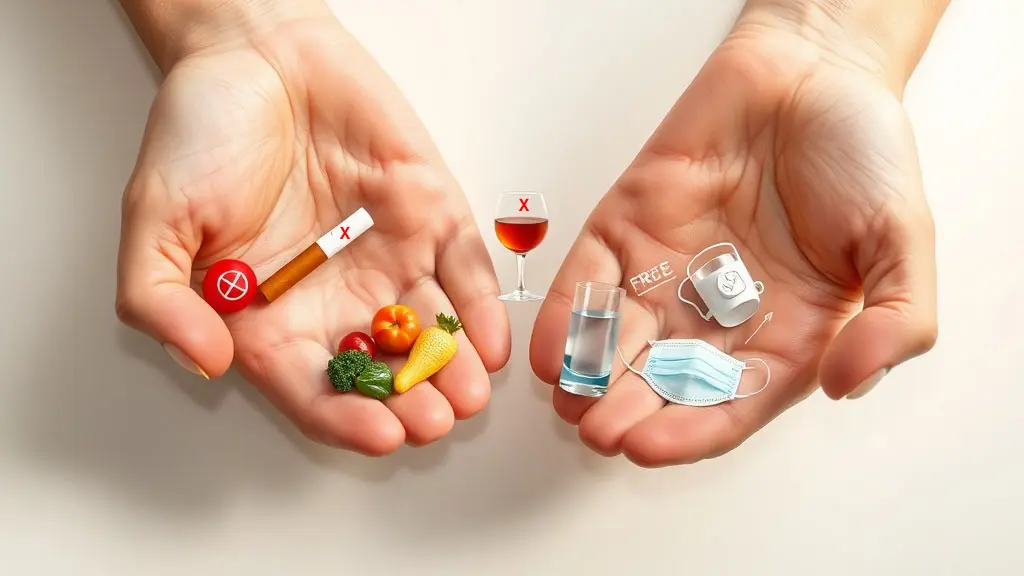 밝고 깨끗한 배경 위에 펼쳐진 두 손바닥. 손바닥 위에는 부비동암 예방을 상징하는 다섯 가지 작은 아이콘이 조화롭게 배치. '금연(담배에 X표시)', '절주(술잔에 X표시)', '신선한 채소와 과일', '정수된 물 한 잔', '마스크' 아이콘들이 놓인 이미지.