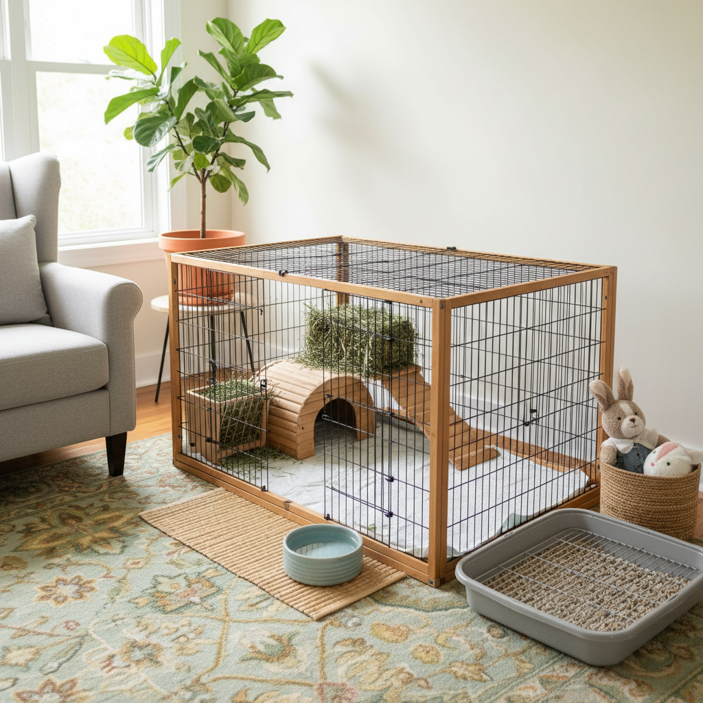 토끼 케이지와 화장실 트레이가 있는 거실 이미지