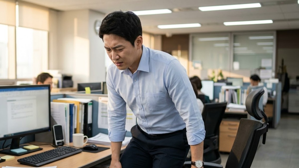 사무실 의자에서 일어나며 무릎을 문지르는 직장인