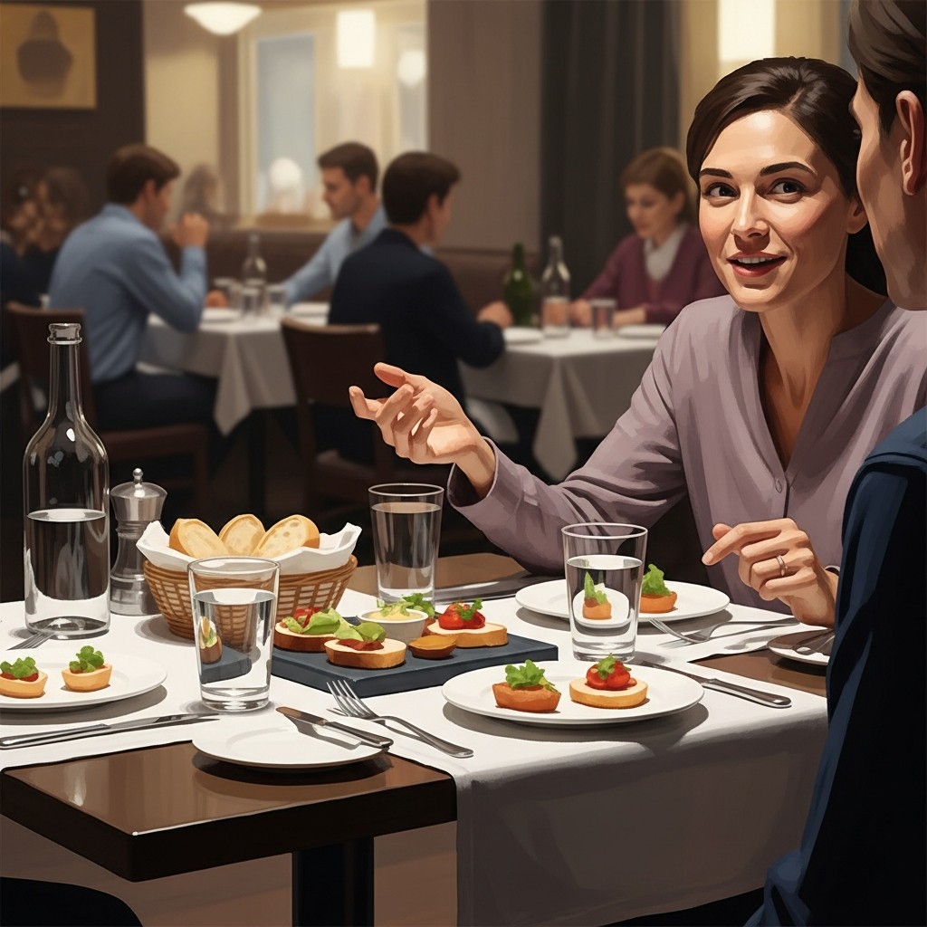 식사 자리에서 음료를 마시며 대화하는 장면