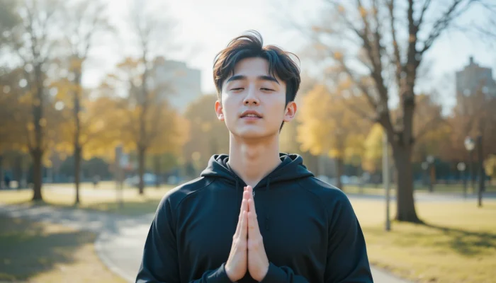 야외에서 호흡 운동을 하는 젊은 남성
