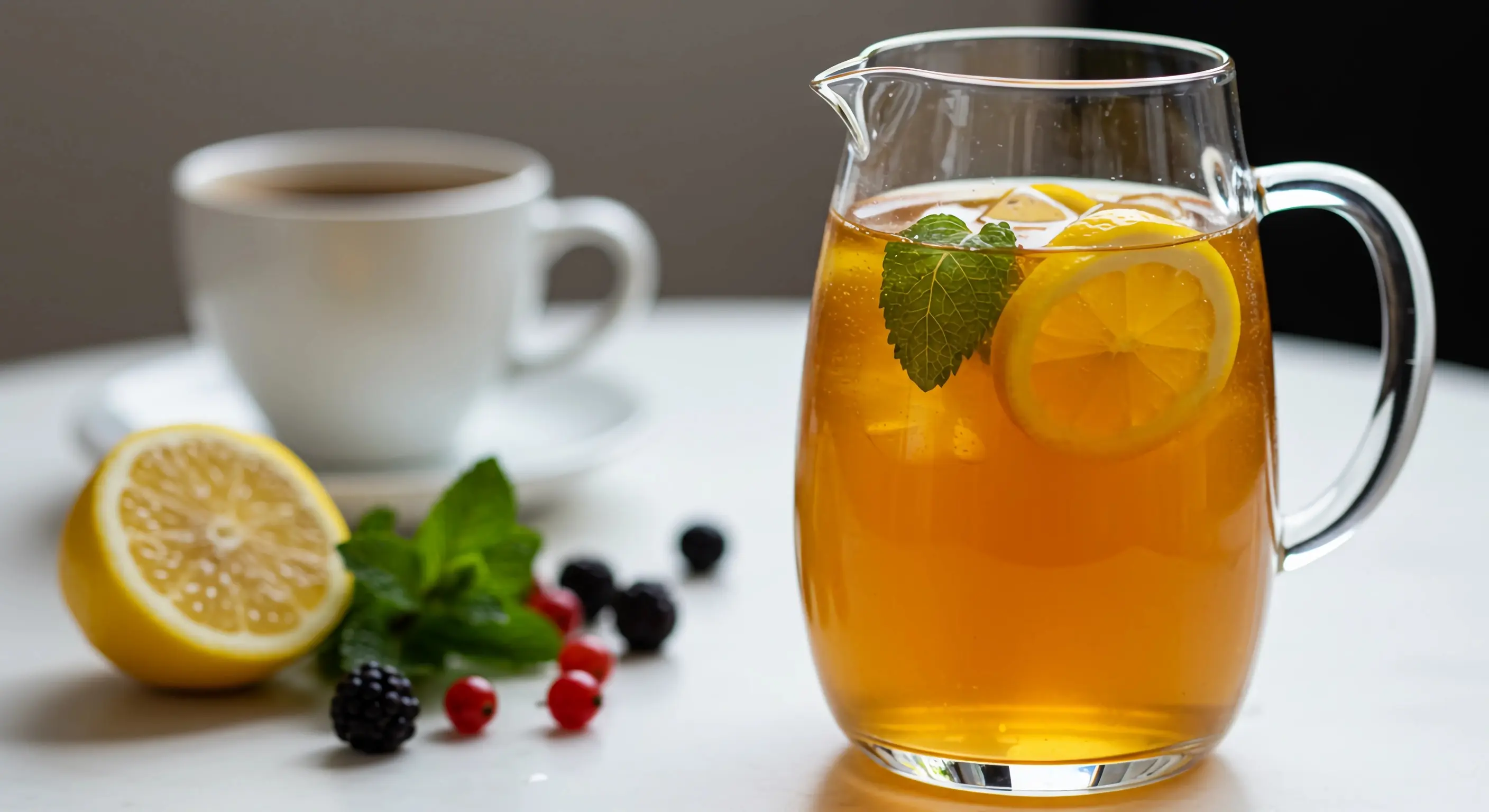 투명한 유리 주전자에 담긴 황금빛 냉침차와 신선한 민트, 레몬 슬라이스, 베리류가 어우러진 홈카페 테이블 풍경, 배경에는 흐릿한 커피컵이 보임