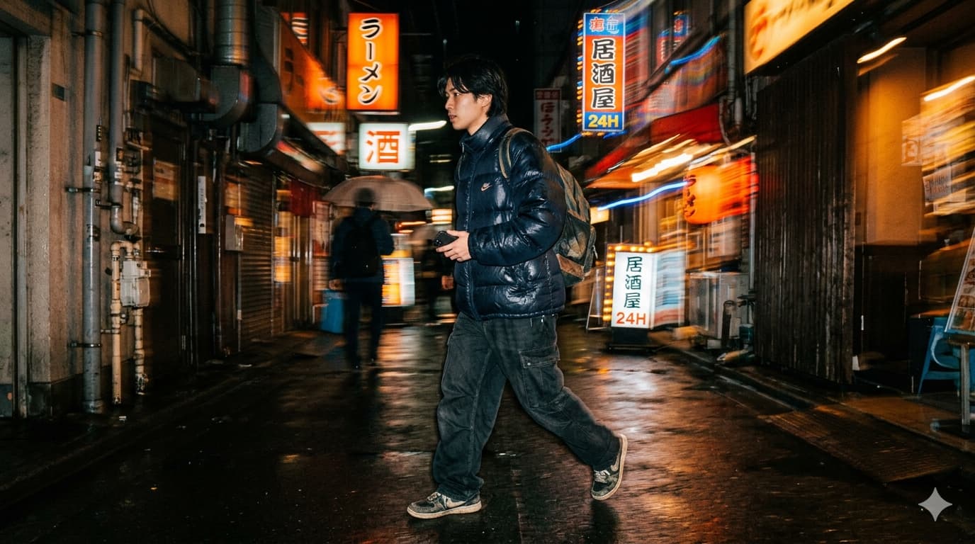 빈티지 디지털 카메라의 슬로우 셔터 기능을 활용해 야간 거리에서 촬영한 인물 사진. 인물은 플래시로 선명하게 포착되고 배경의 네온사인은 빛의 잔상으로 늘어진 빈티지한 야경 샷.