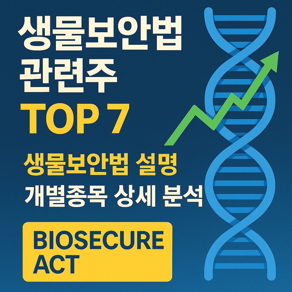 생물보안법 관련주 TOP7, DNA 구조와 성장 화살표가 포함된 바이오 주식 분석 뉴스형 썸네일 이미지