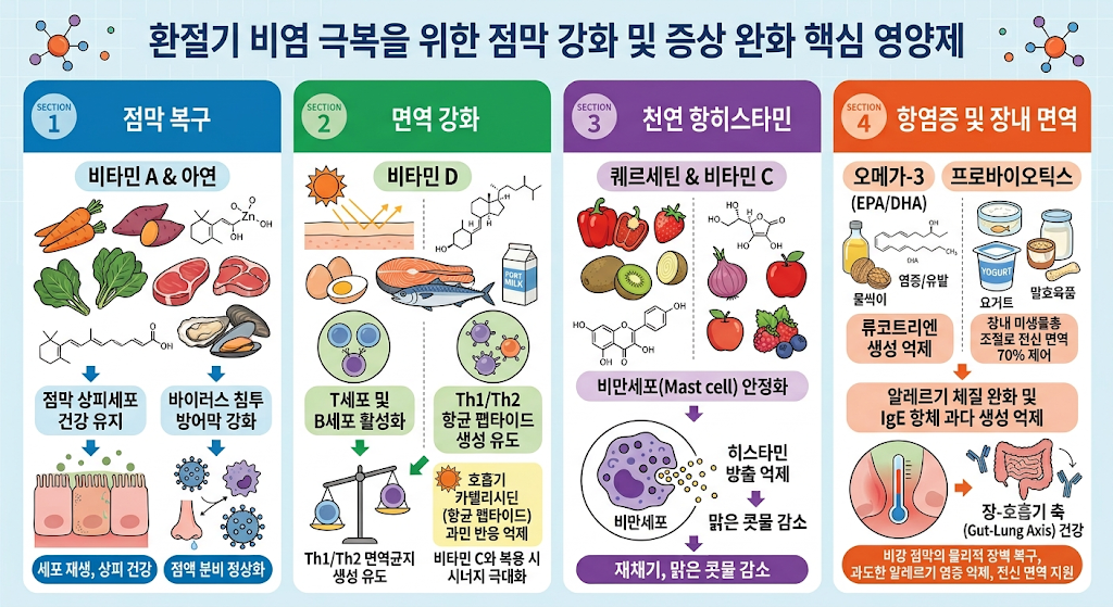 환절기 비염을 완화하는 비타민 A, D, C, 아연, 퀘르세틴, 오메가3의 점막 복구 및 면역 강화 처방