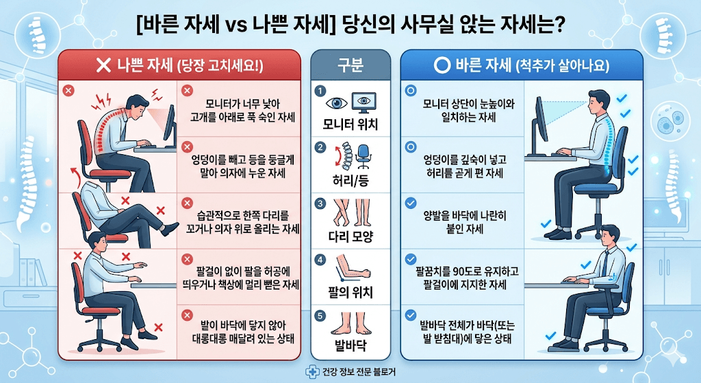 책상 위 바른 자세와 나쁜 자세