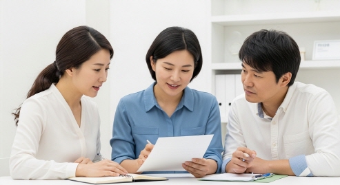 전문가와 부모가 진단 결과를 함께 검토하는 모습