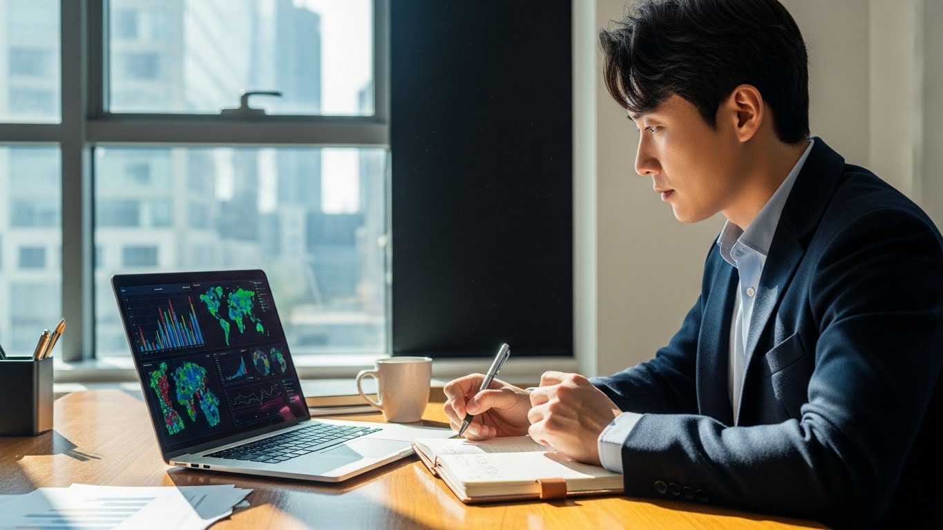 자산 가치 평가를 위해 온라인으로 시세를 조회하고 자료를 정리하는 한국인