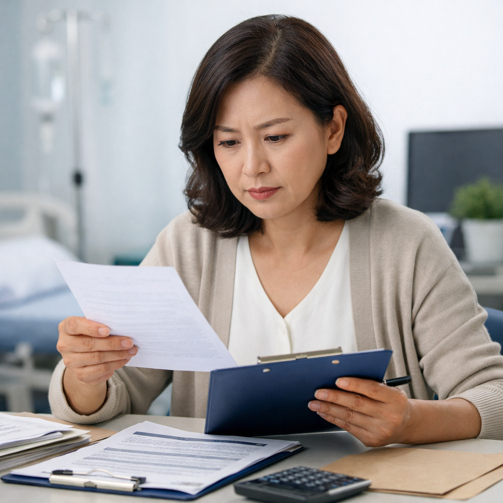 뇌수막종 수술 후 보험금 청구 서류 확인하는 모습