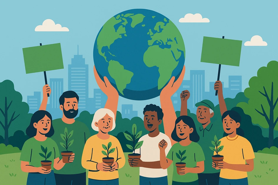 기후위기 속에서 다양한 시민과 환경 NGO 활동가들이 공원에서 지구 모형과 작은 나무를 들고 환경 보호 행동에 참여하는 일러스트